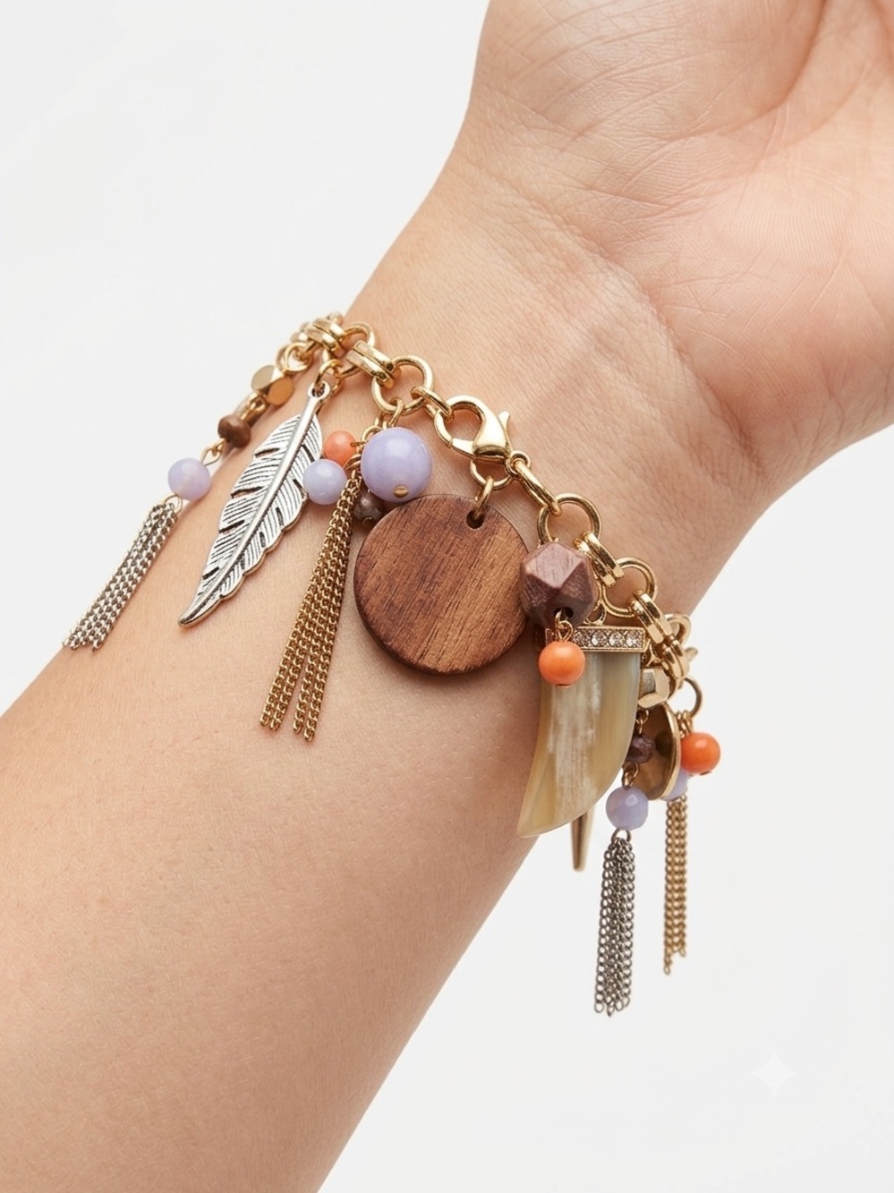 Gold Tone Charm Bracelet with Wood, Lavender and Coral Accents